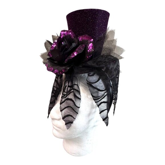 Vtg Goth Halloween Black Rose Purple Glitter Mini Top Hat Fascinator Headband - Picture 1 of 7